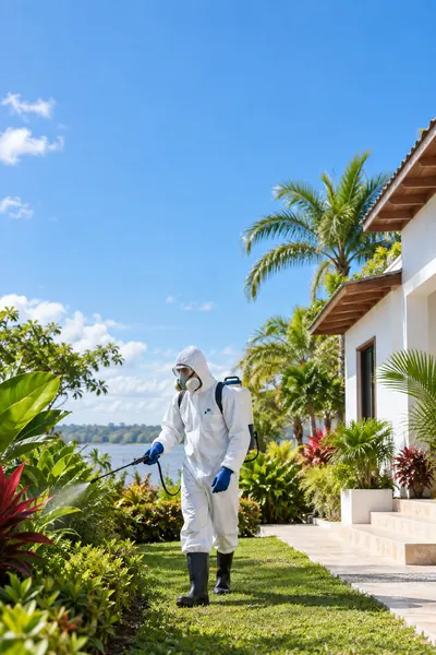 Técnico con mochila fumigadora caminando por el jardín de una casa