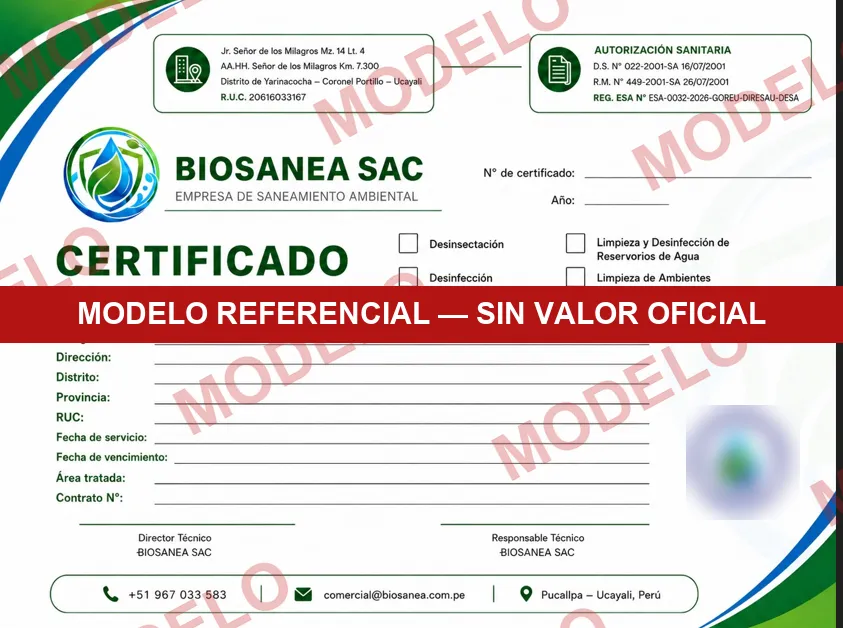 Modelo referencial del certificado de saneamiento ambiental de BIOSANEA, sin valor oficial