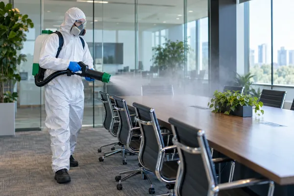 Técnico nebulizando desinfectante en una sala