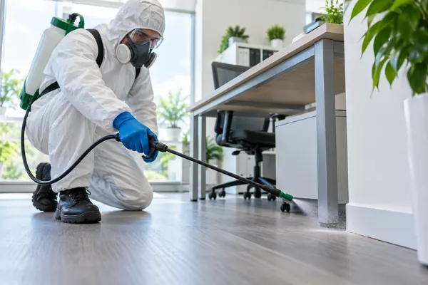 Técnico aplicando insecticida en los zócalos de un ambiente