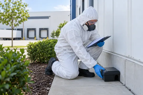 Técnico instalando una caja cebadera para roedores