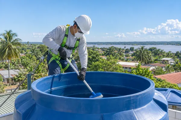 Técnico limpiando un tanque de agua azul sobre un techo en Pucallpa