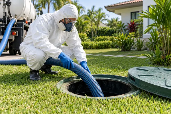 Técnico junto a un tanque séptico con manguera de succión